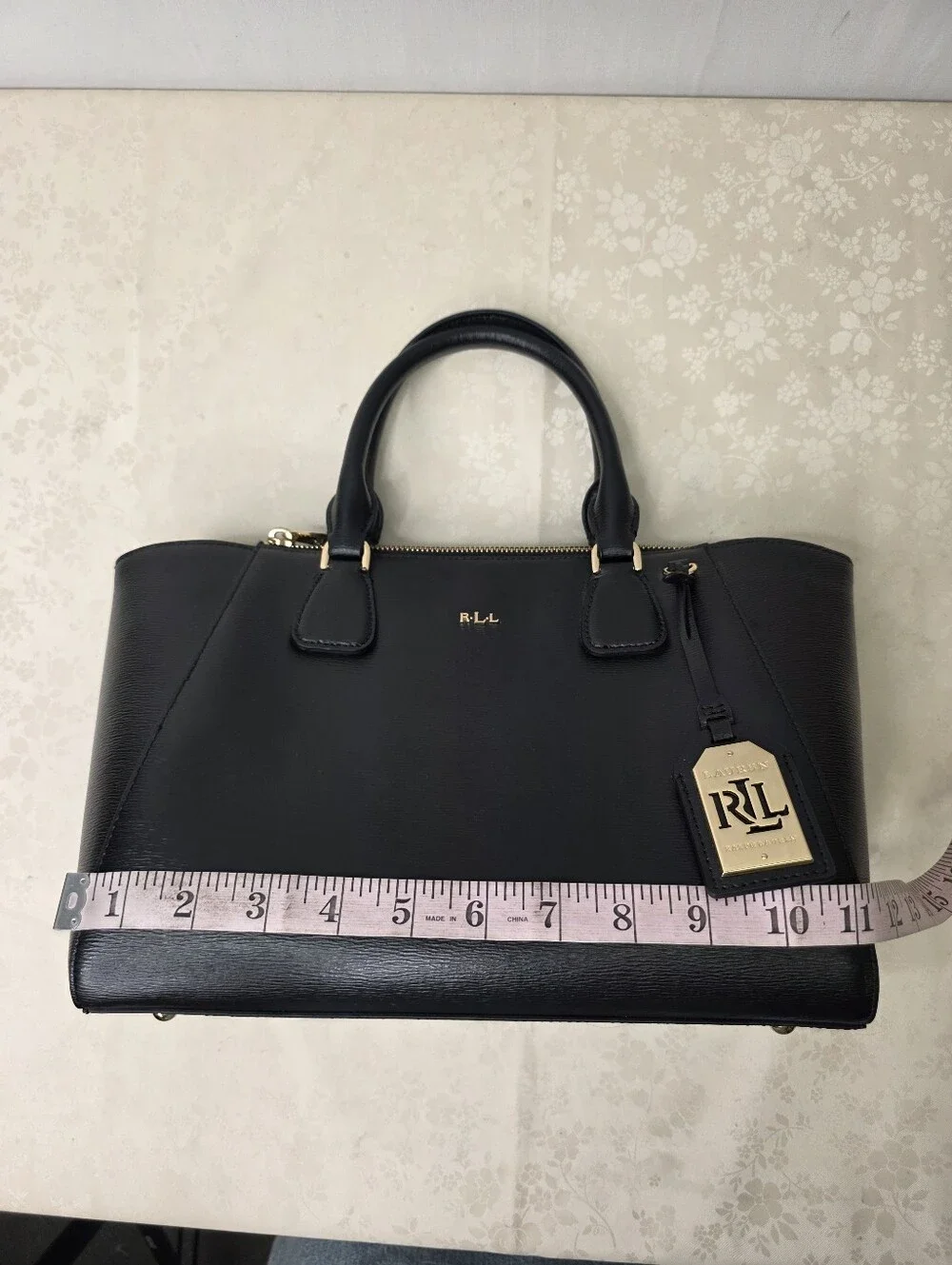 NWT Lauren Ralph Lauren Stefanie II Leather Satchel Bag Black Gold RLL Tote